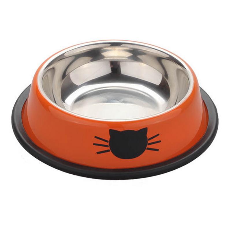 High quality stainless steel pet bowl with a non-slip rubber bottom, featuring a vibrant paint pattern and durable design.