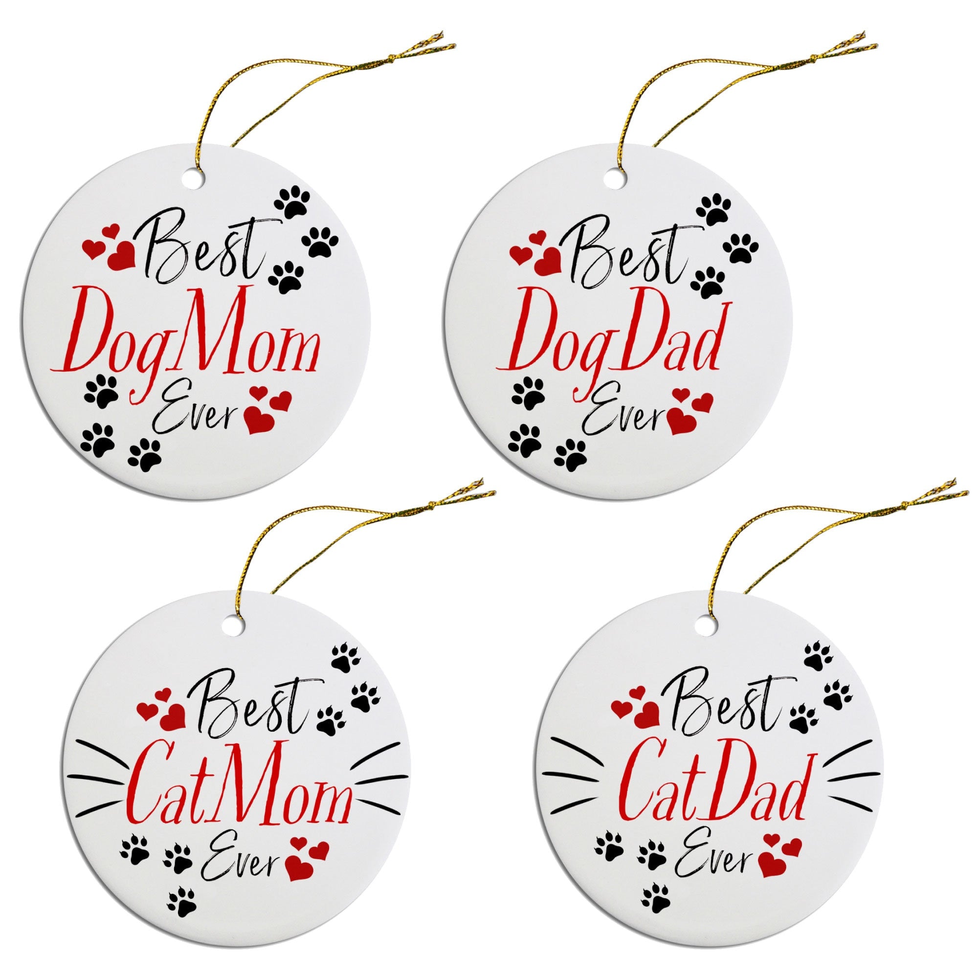 Ceramic Christmas ornaments featuring 'Best Dog Mom Ever' and 'Best Cat Mom Ever' with golden string.
