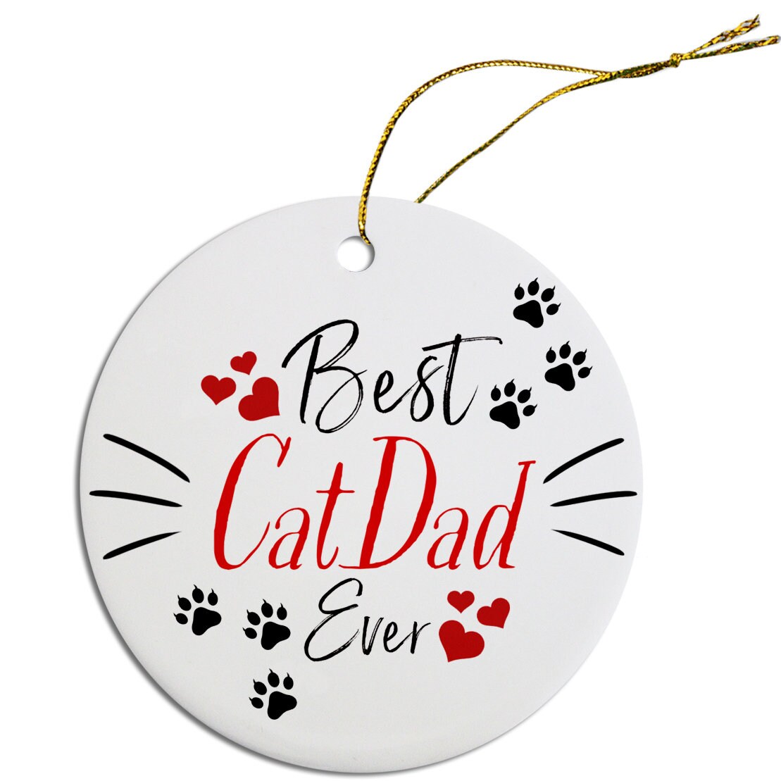 Ceramic Christmas ornaments featuring 'Best Dog Mom Ever' and 'Best Cat Mom Ever' with golden string.