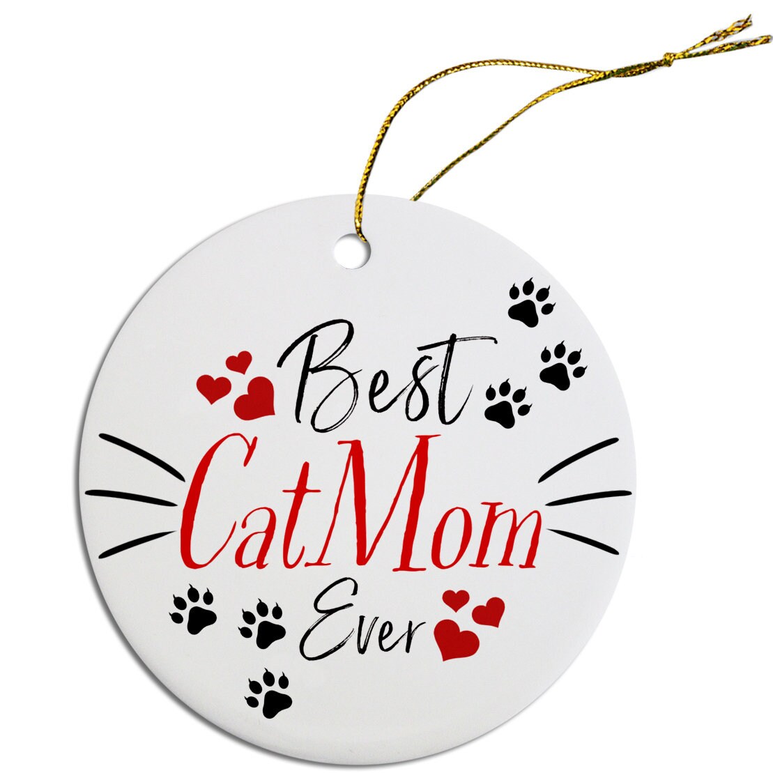 Ceramic Christmas ornaments featuring 'Best Dog Mom Ever' and 'Best Cat Mom Ever' with golden string.