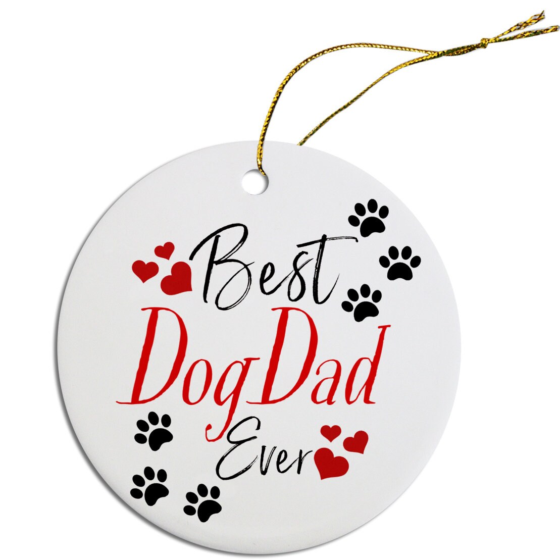 Ceramic Christmas ornaments featuring 'Best Dog Mom Ever' and 'Best Cat Mom Ever' with golden string.