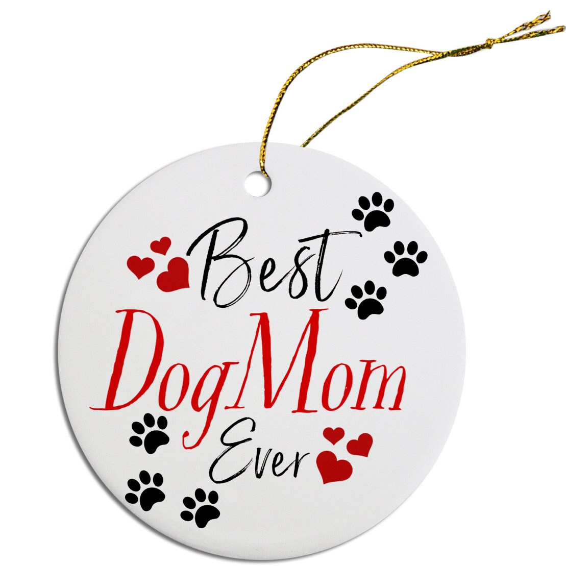 Ceramic Christmas ornaments featuring 'Best Dog Mom Ever' and 'Best Cat Mom Ever' with golden string.
