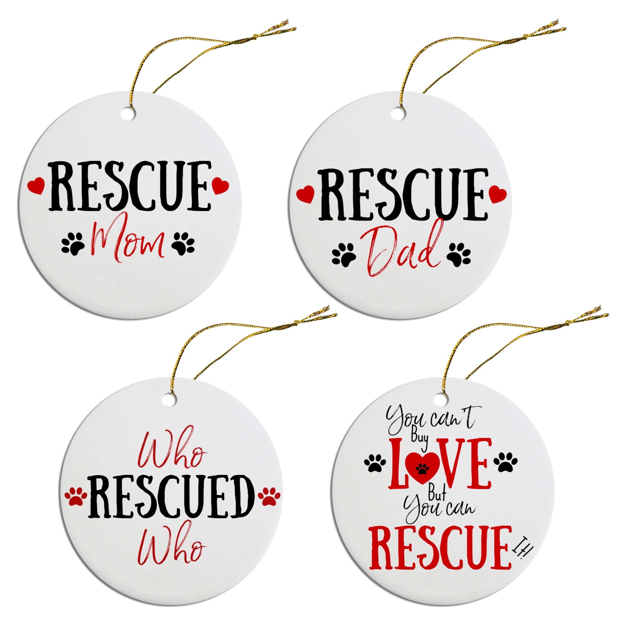 Four festive ceramic Christmas ornaments featuring designs for pet lovers, including Rescue Mom and Rescue Dad, with a golden string for hanging.