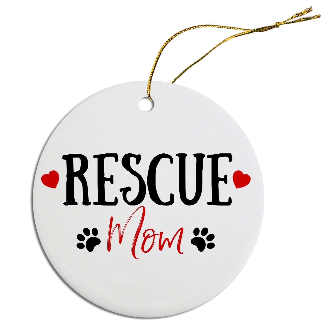 Four festive ceramic Christmas ornaments featuring designs for pet lovers, including Rescue Mom and Rescue Dad, with a golden string for hanging.