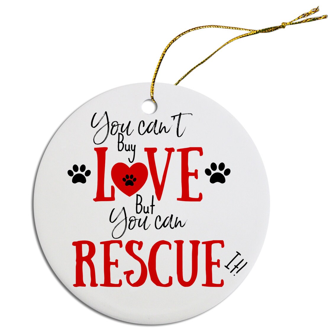 Four festive ceramic Christmas ornaments featuring designs for pet lovers, including Rescue Mom and Rescue Dad, with a golden string for hanging.