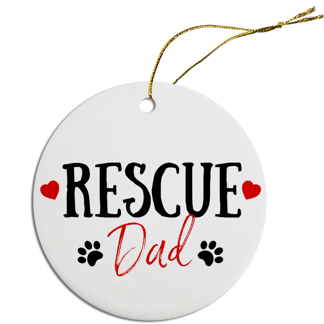 Four festive ceramic Christmas ornaments featuring designs for pet lovers, including Rescue Mom and Rescue Dad, with a golden string for hanging.