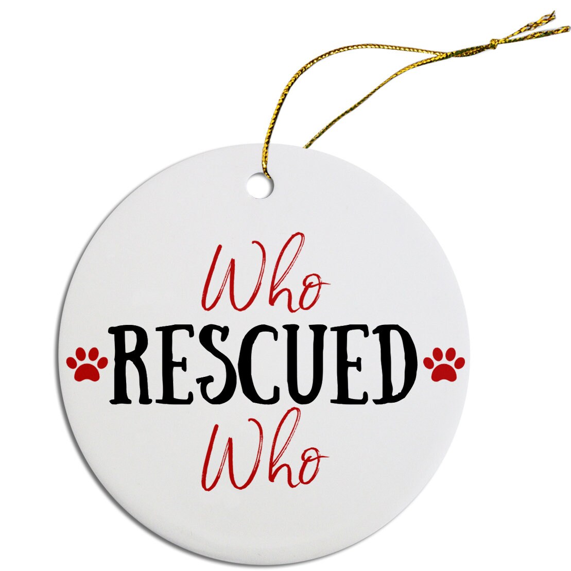 Four festive ceramic Christmas ornaments featuring designs for pet lovers, including Rescue Mom and Rescue Dad, with a golden string for hanging.