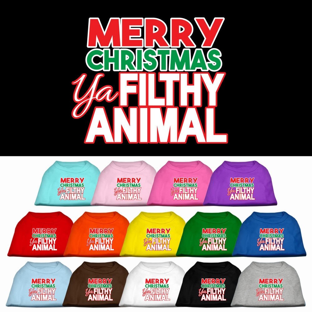 Holiday pet shirt for dogs and cats with Merry Christmas Ya Filthy Animal print, showcasing a festive design.