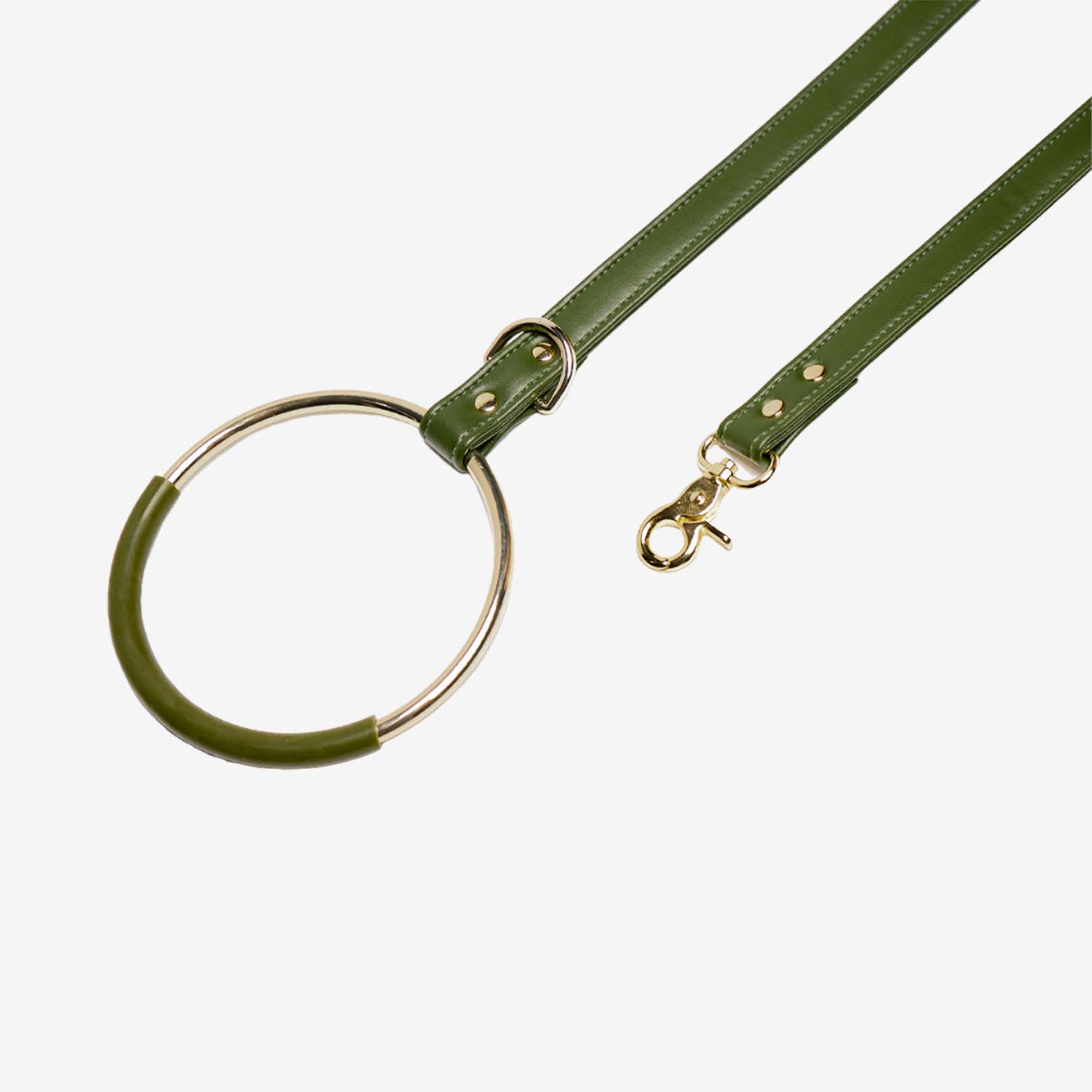 Hoopsy Leash in Nopal Green featuring a unique hoop handle and gold hardware, made from eco-friendly cactus leather.