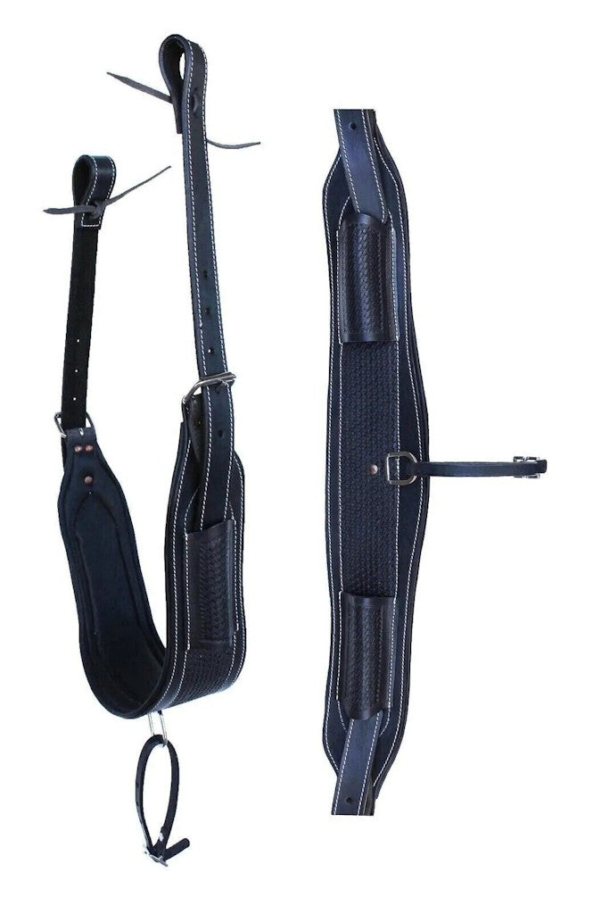 Horse Tooled Padded Leather Rear Flank Back Saddle Cinch with basket weave design and padded underside for comfort.