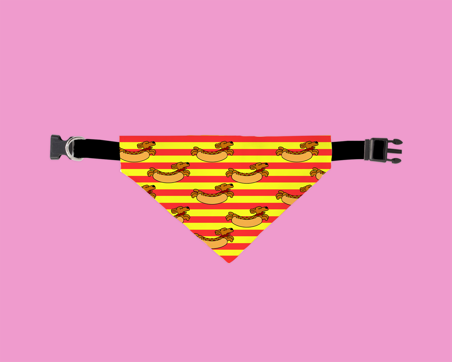 A stylish Hot Dawg Lover Bandana for dogs, made from unique canvas fabric, showcasing a cute design.