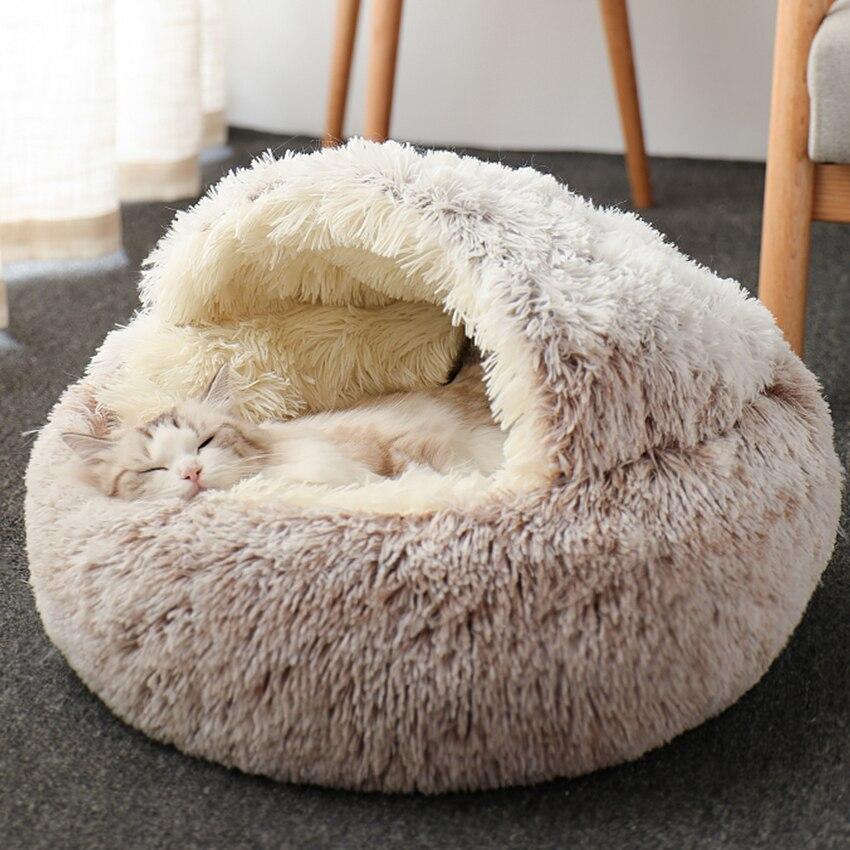 Hot Plush Round Cat Bed featuring soft velvet material, ideal for small dogs and cats, designed for warmth and comfort.