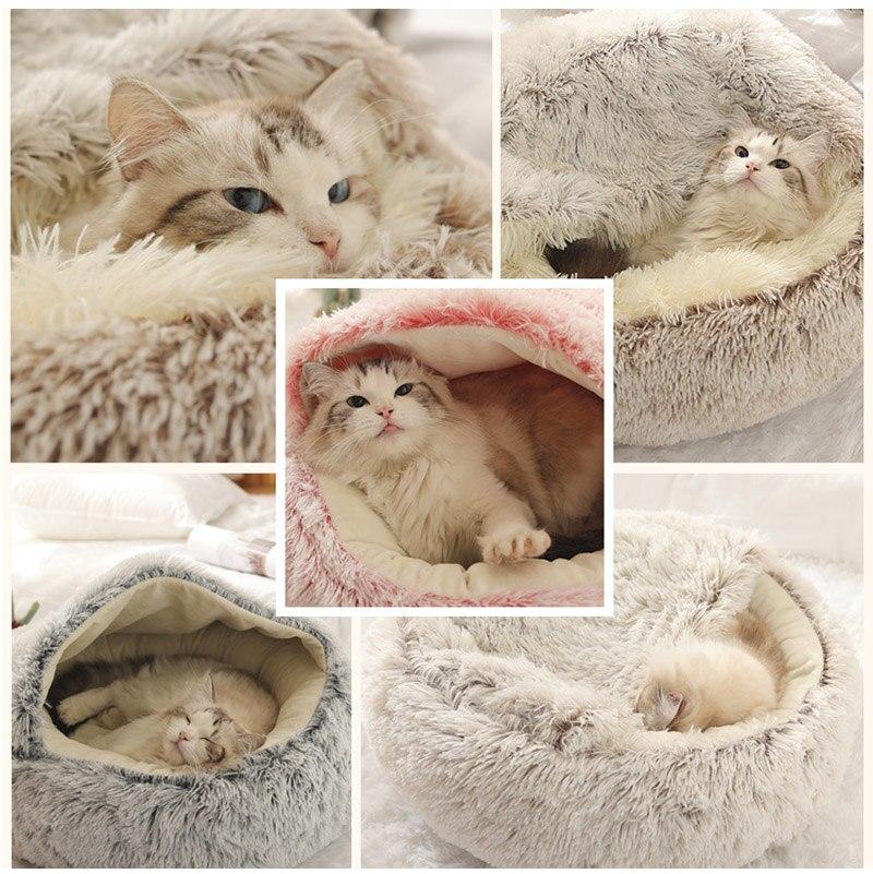 Hot Plush Round Cat Bed featuring soft velvet material, ideal for small dogs and cats, designed for warmth and comfort.