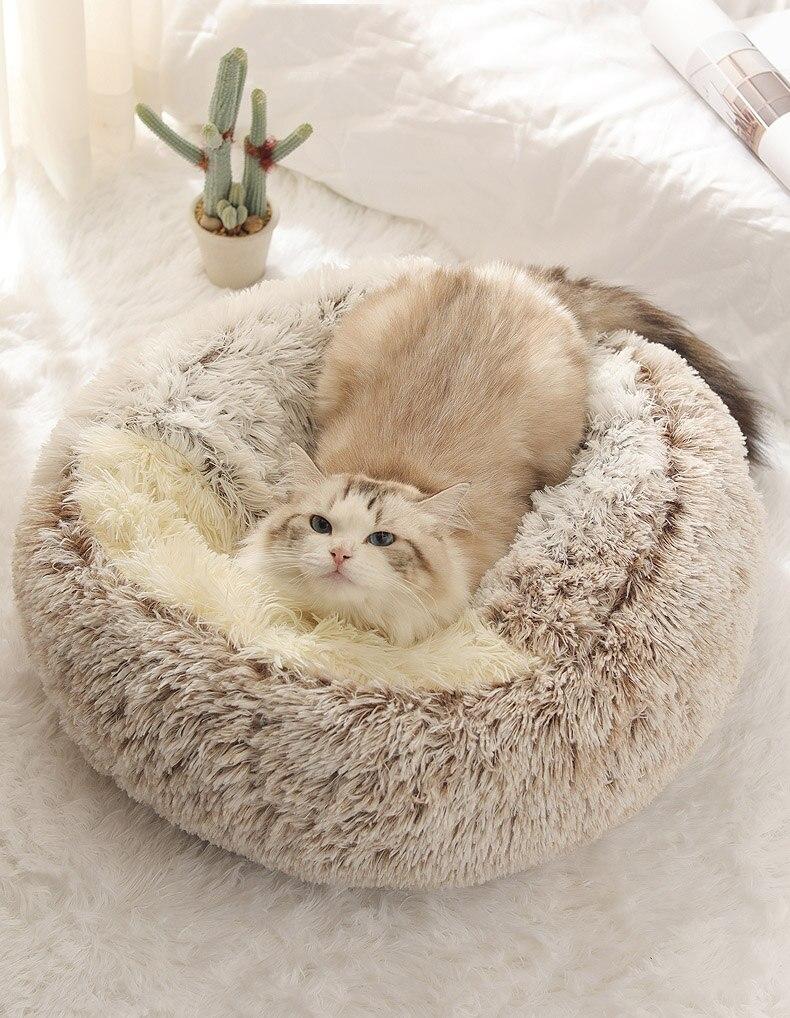 Hot Plush Round Cat Bed featuring soft velvet material, ideal for small dogs and cats, designed for warmth and comfort.
