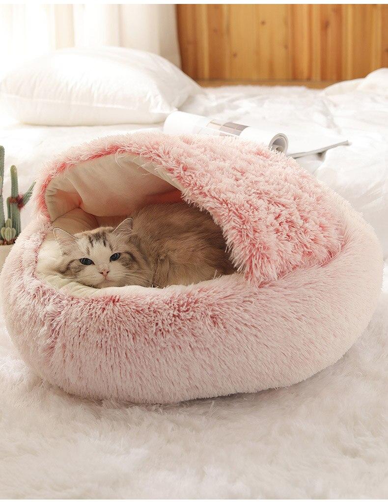 Hot Plush Round Cat Bed featuring soft velvet material, ideal for small dogs and cats, designed for warmth and comfort.