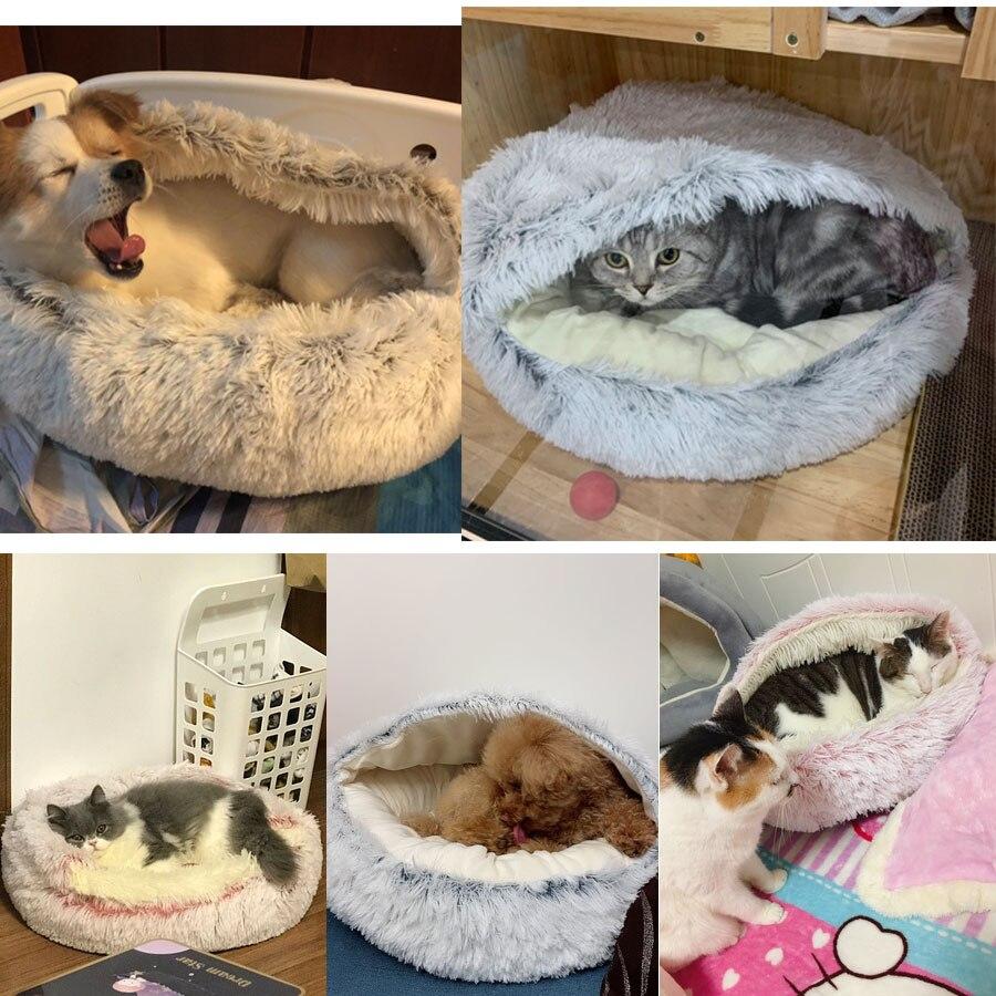 Hot Plush Round Cat Bed featuring soft velvet material, ideal for small dogs and cats, designed for warmth and comfort.