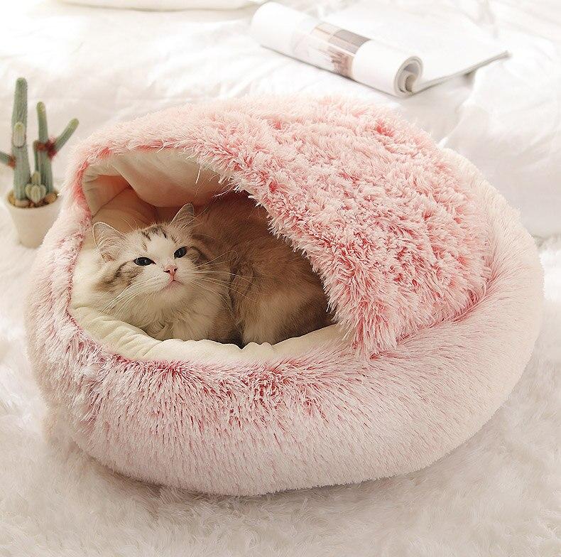Hot Plush Round Cat Bed featuring soft velvet material, ideal for small dogs and cats, designed for warmth and comfort.