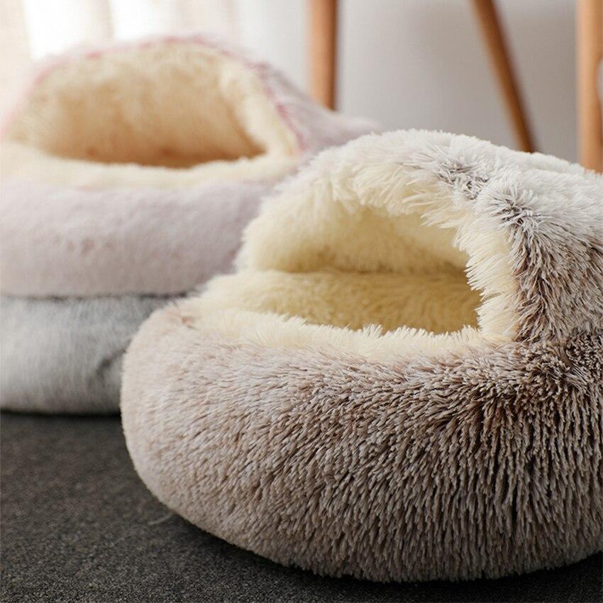 Hot Plush Round Cat Bed featuring soft velvet material, ideal for small dogs and cats, designed for warmth and comfort.