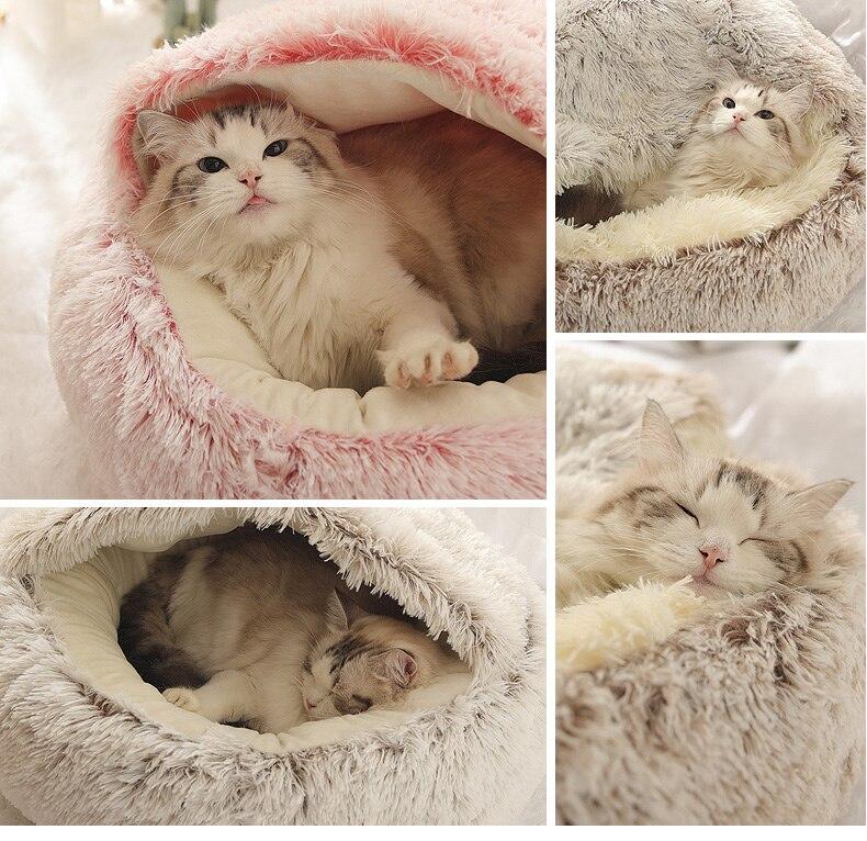 Hot Plush Round Cat Bed featuring soft velvet material, ideal for small dogs and cats, designed for warmth and comfort.