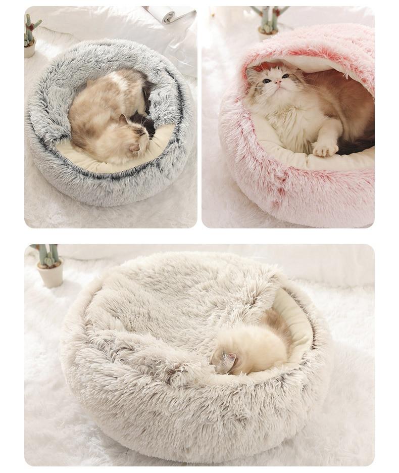 Hot Plush Round Cat Bed featuring soft velvet material, ideal for small dogs and cats, designed for warmth and comfort.
