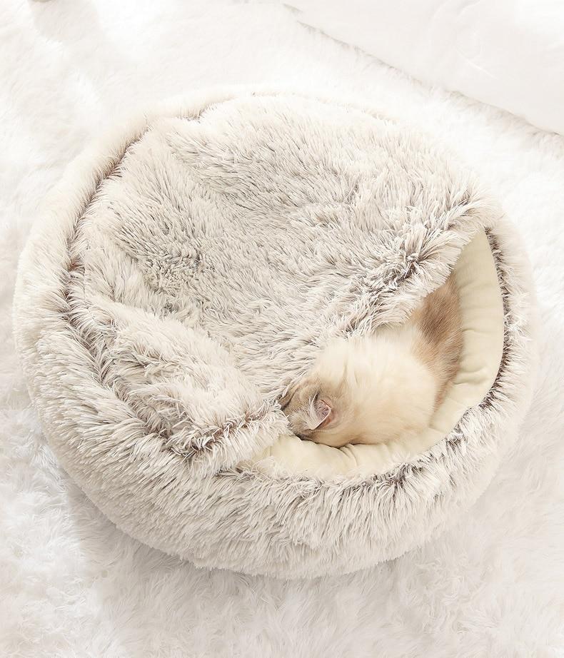 Hot Plush Round Cat Bed featuring soft velvet material, ideal for small dogs and cats, designed for warmth and comfort.