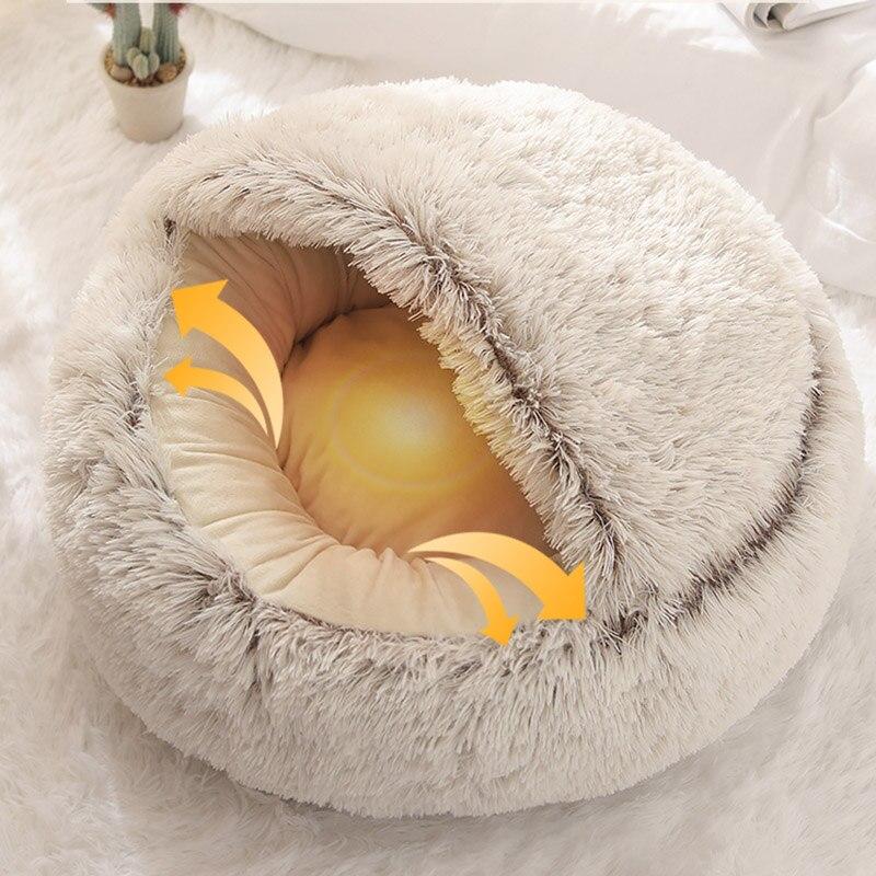 Hot Plush Round Cat Bed featuring soft velvet material, ideal for small dogs and cats, designed for warmth and comfort.