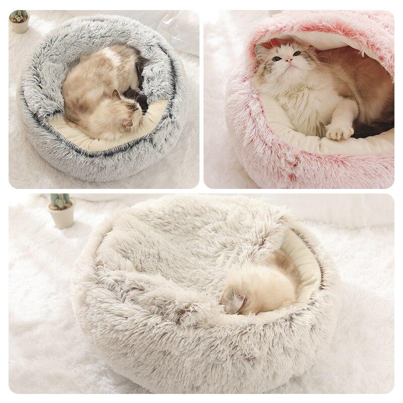 Hot Plush Round Cat Bed featuring soft velvet material, ideal for small dogs and cats, designed for warmth and comfort.