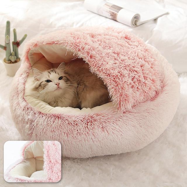 Hot Plush Round Cat Bed featuring soft velvet material, ideal for small dogs and cats, designed for warmth and comfort.