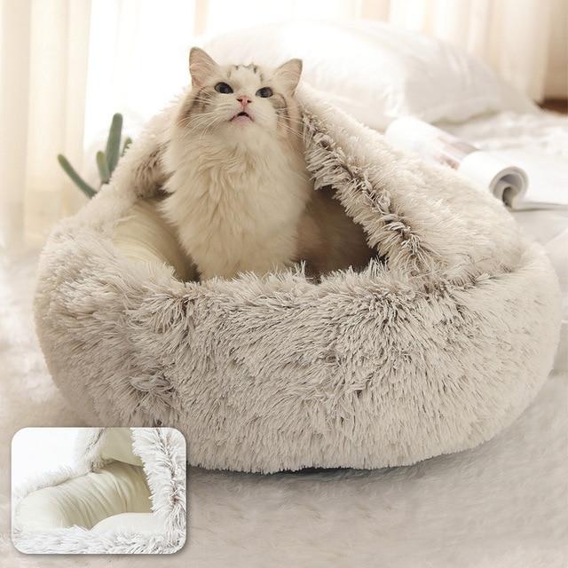 Hot Plush Round Cat Bed featuring soft velvet material, ideal for small dogs and cats, designed for warmth and comfort.