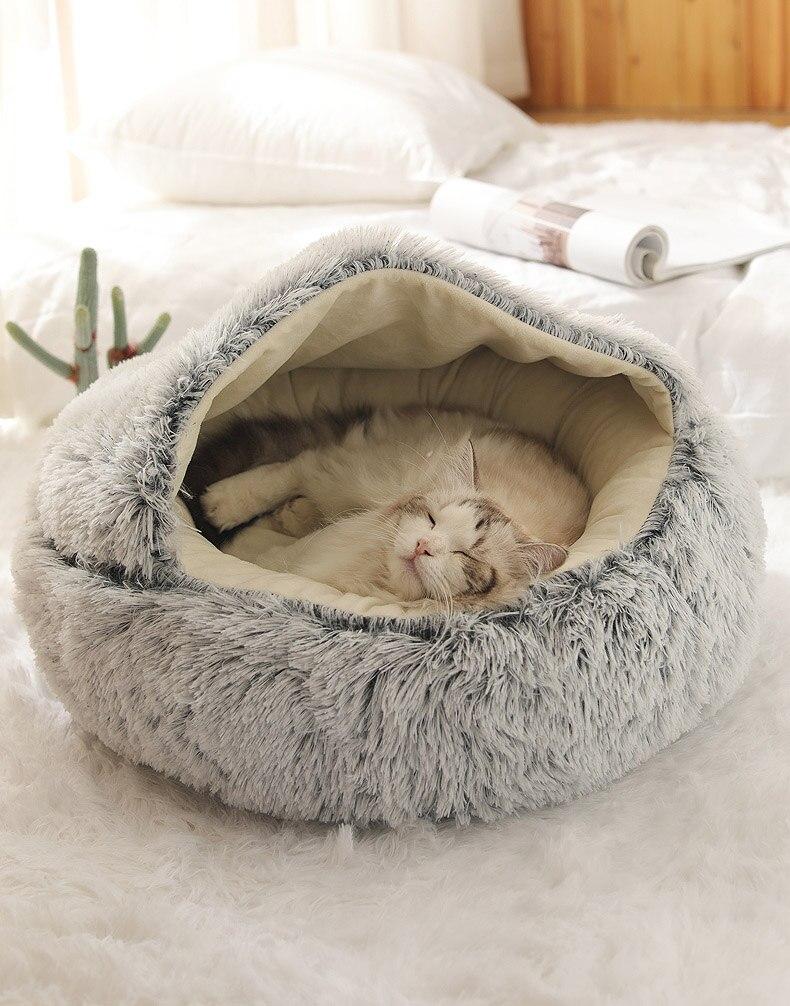 Hot Plush Round Cat Bed featuring soft velvet material, ideal for small dogs and cats, designed for warmth and comfort.