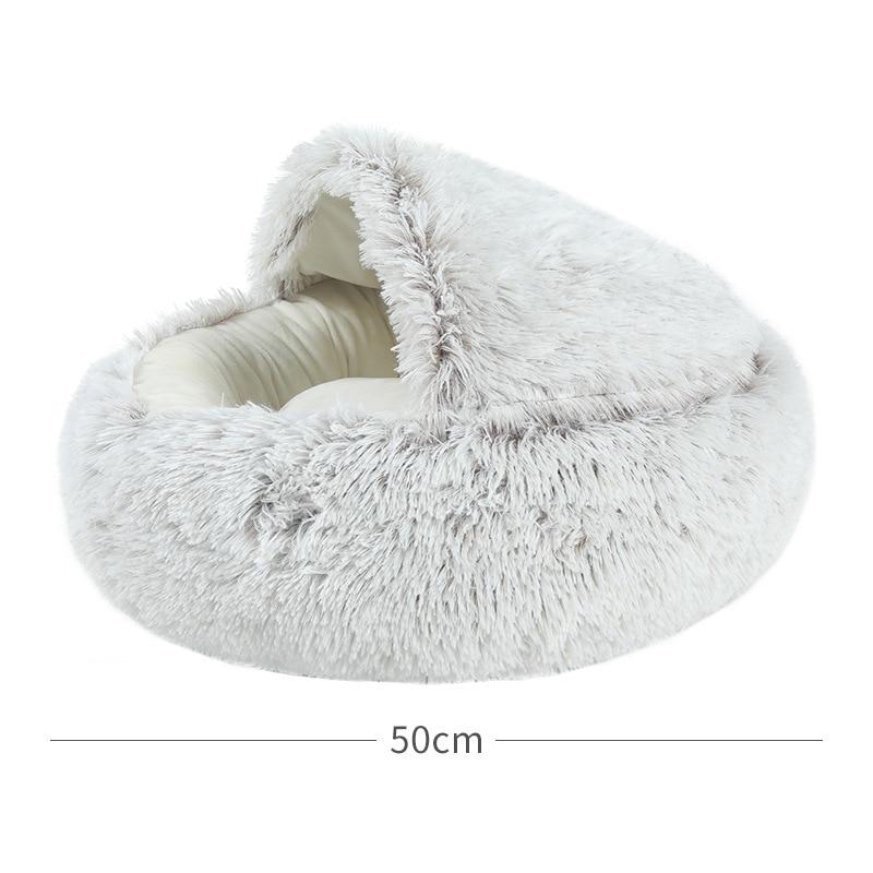 Hot Plush Round Cat Bed featuring soft velvet material, ideal for small dogs and cats, designed for warmth and comfort.