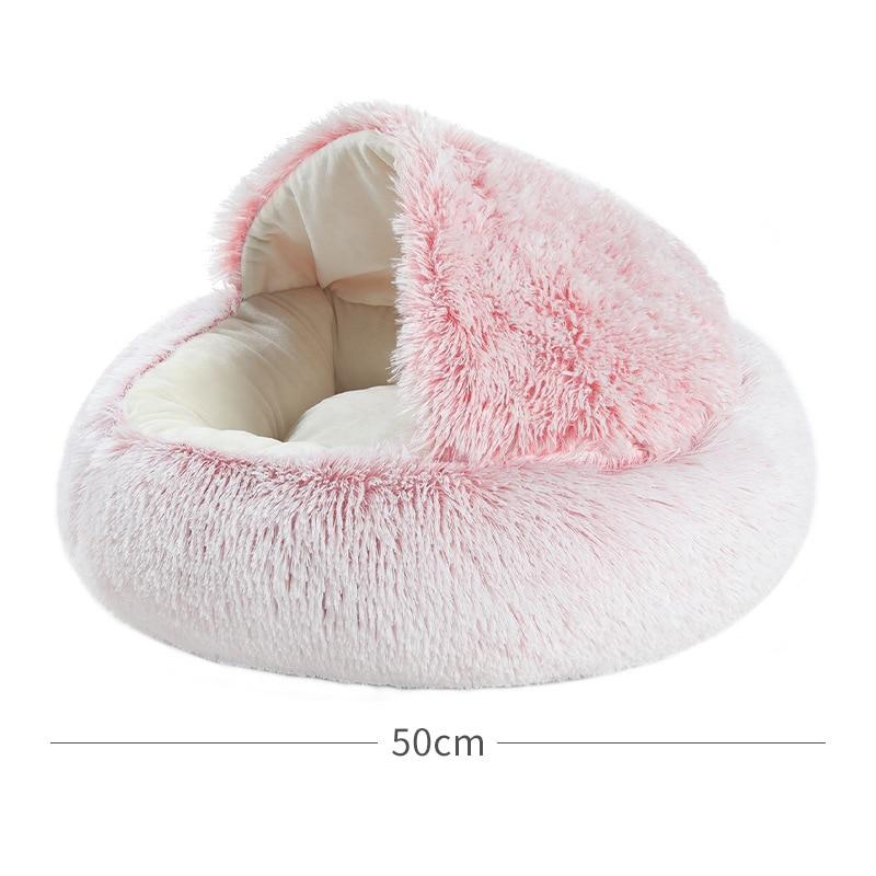 Hot Plush Round Cat Bed featuring soft velvet material, ideal for small dogs and cats, designed for warmth and comfort.