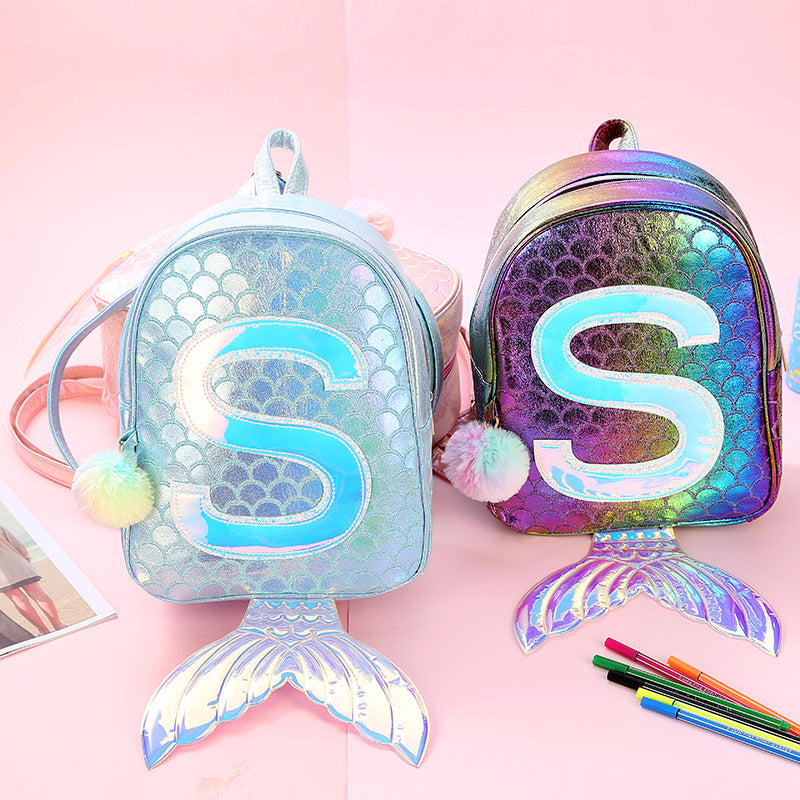 Colorful Own Design Mermaid Girls Bag-Backpack featuring unicorn graphic and sequins, made from recycled materials.