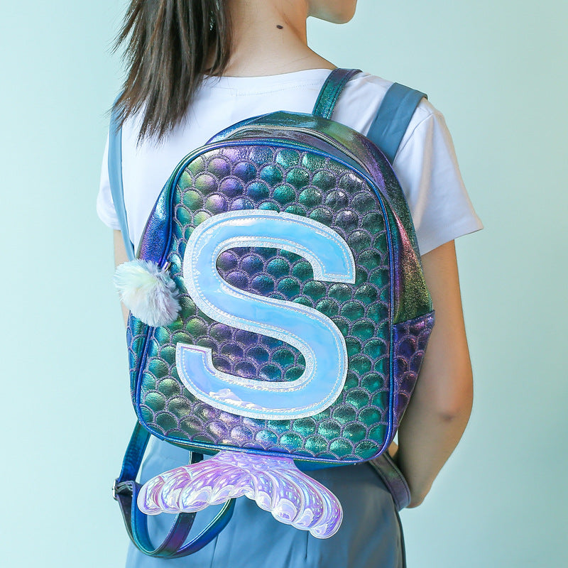 Colorful Own Design Mermaid Girls Bag-Backpack featuring unicorn graphic and sequins, made from recycled materials.