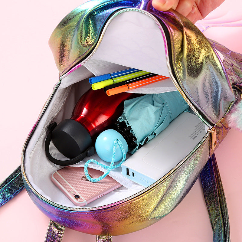 Colorful Own Design Mermaid Girls Bag-Backpack featuring unicorn graphic and sequins, made from recycled materials.