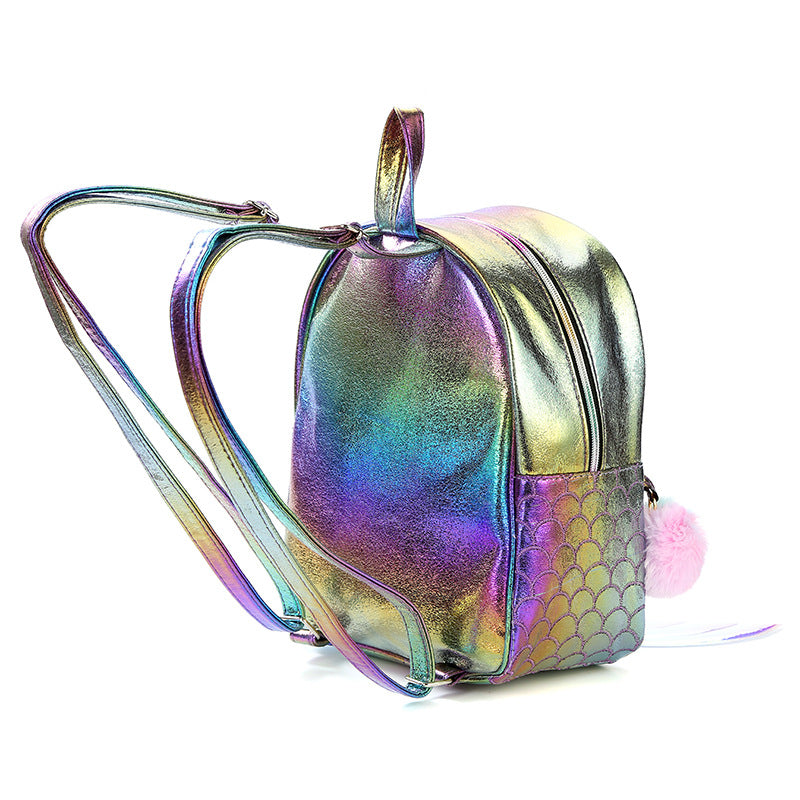 Colorful Own Design Mermaid Girls Bag-Backpack featuring unicorn graphic and sequins, made from recycled materials.