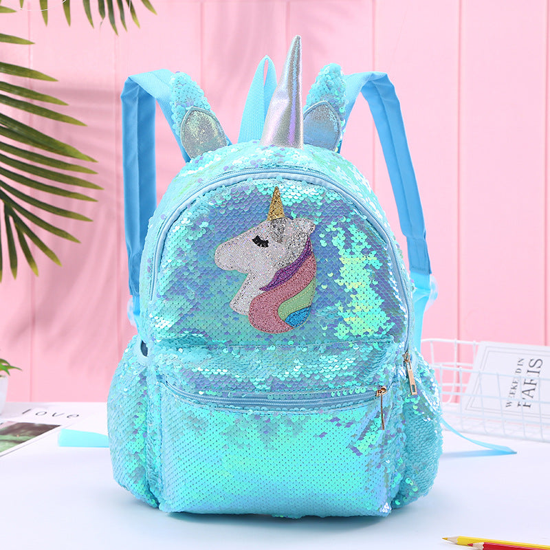 Colorful unicorn backpack with sequins, adjustable straps, and side pockets, made from recycled materials.