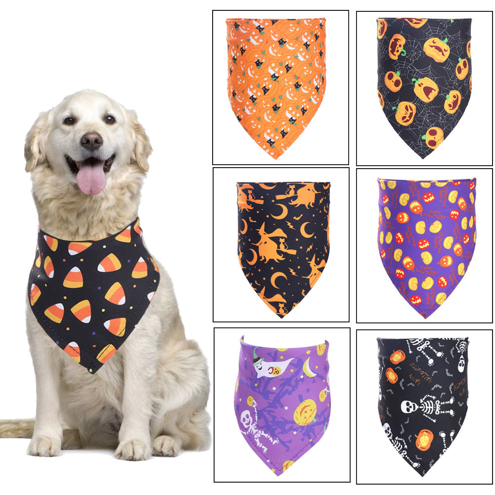 A collection of Halloween-themed bibs for pets featuring vibrant colors and playful designs, perfect for festive occasions.