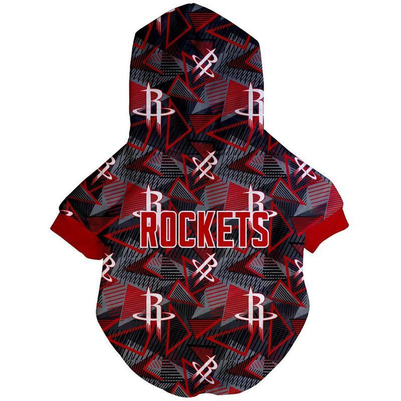 A stylish Houston Rockets Hardwood Hoodie for dogs featuring vibrant team colors and logos, designed for comfort and mobility.