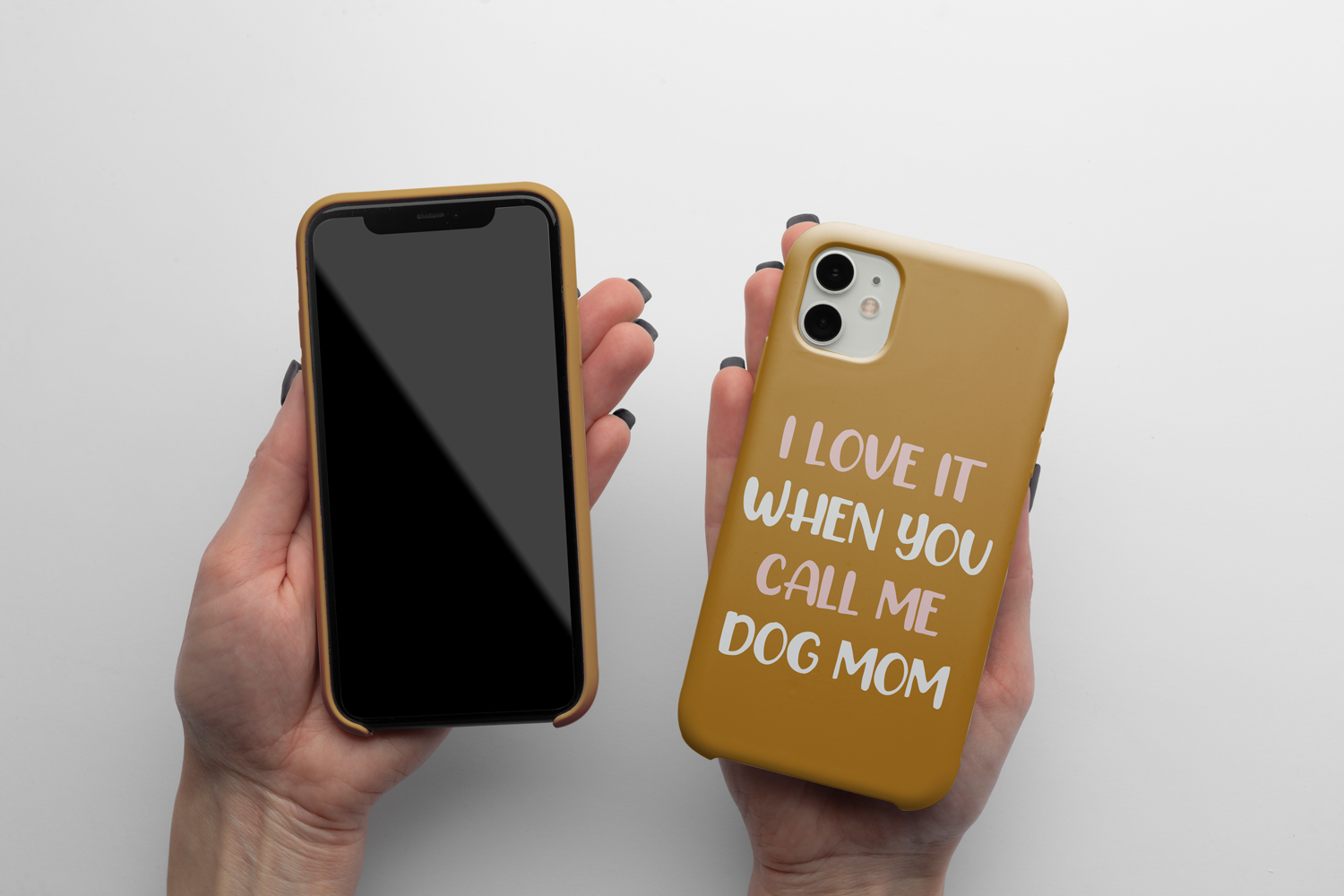 A stylish cell phone case featuring the phrase 'I Love It When You Call Me Dog Mom', designed for dog lovers.