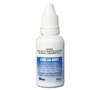 A 20ml bottle of Illium Ear Drops with a flexible tip for easy application, designed for treating ear mites and infections in dogs and cats.