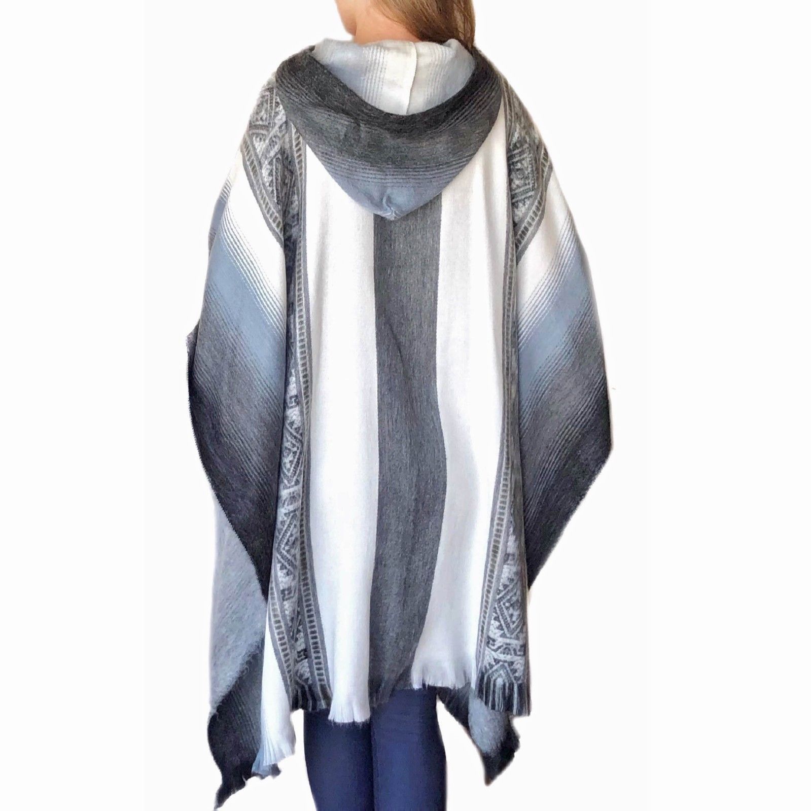 Incan Grays Alpaca Poncho featuring intricate gray patterns with subtle blue accents, showcasing its soft texture and stylish design.