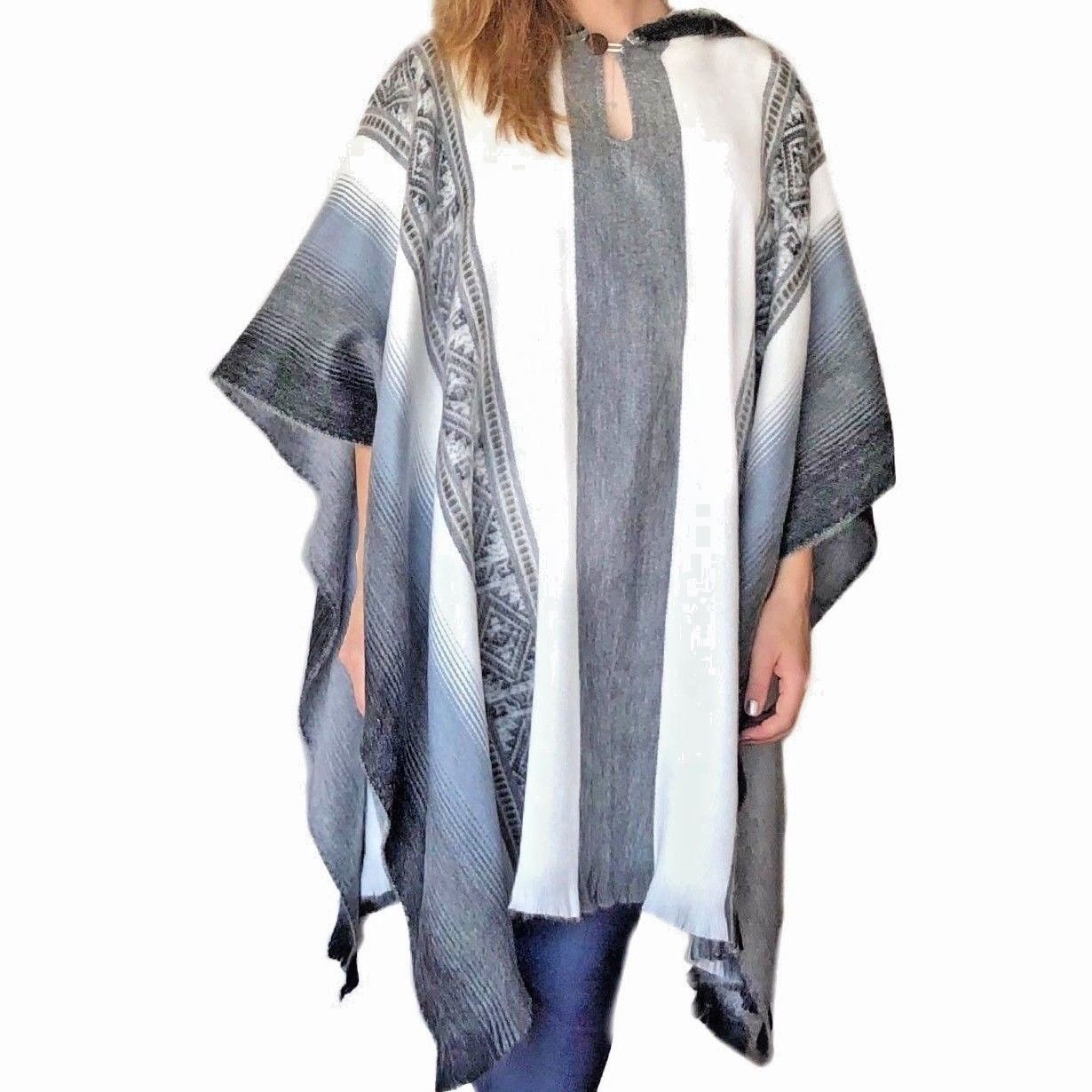 Incan Grays Alpaca Poncho featuring intricate gray patterns with subtle blue accents, showcasing its soft texture and elegant design.
