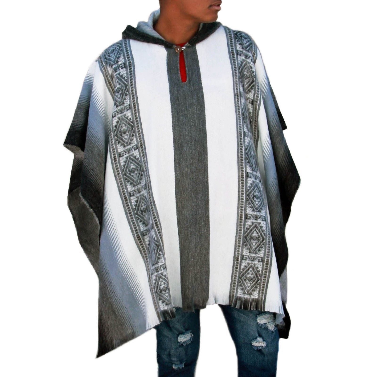 Incan Grays Alpaca Poncho featuring intricate gray patterns with subtle blue accents, showcasing its soft texture and elegant design.