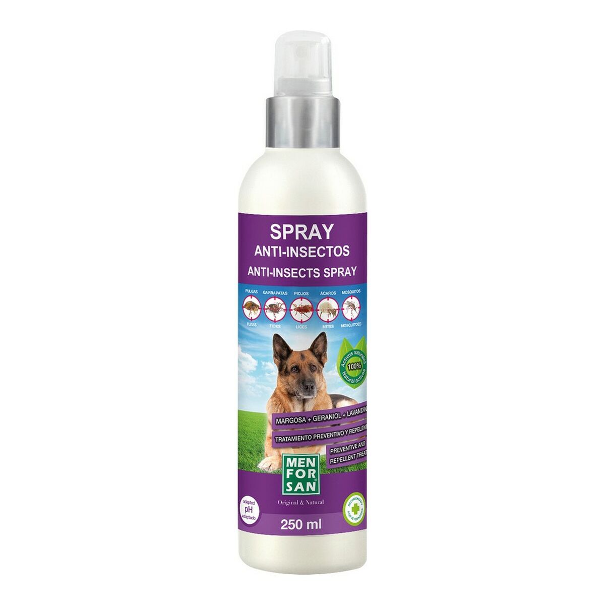Menforsan Insect Repellant Dog Spray 250 ml bottle with a spray nozzle, designed for protecting dogs from insects.