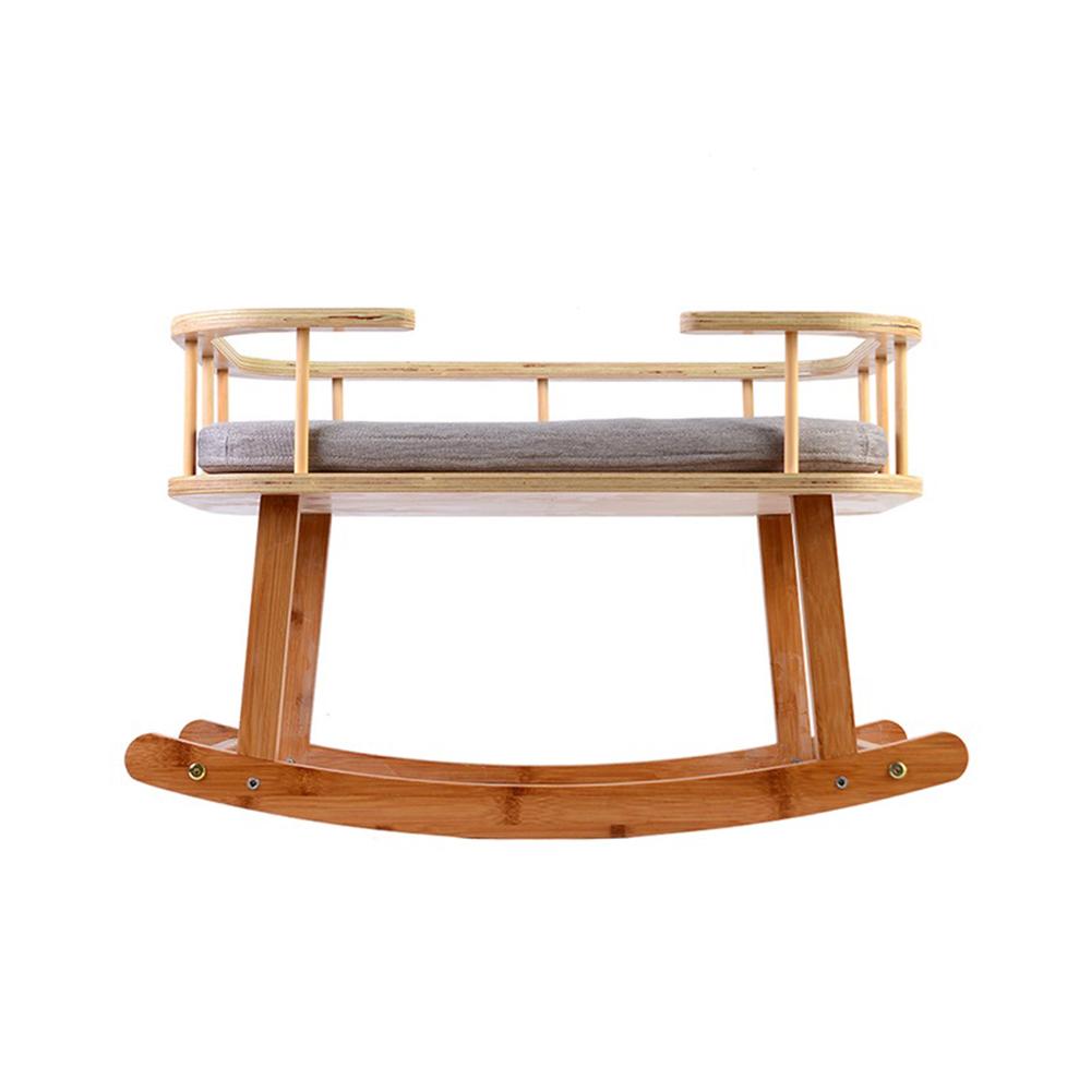 INSTACHEW Rockaby Pet Bed in grey and brown, featuring a soft cushion and bamboo wooden frame, designed for small to medium pets.