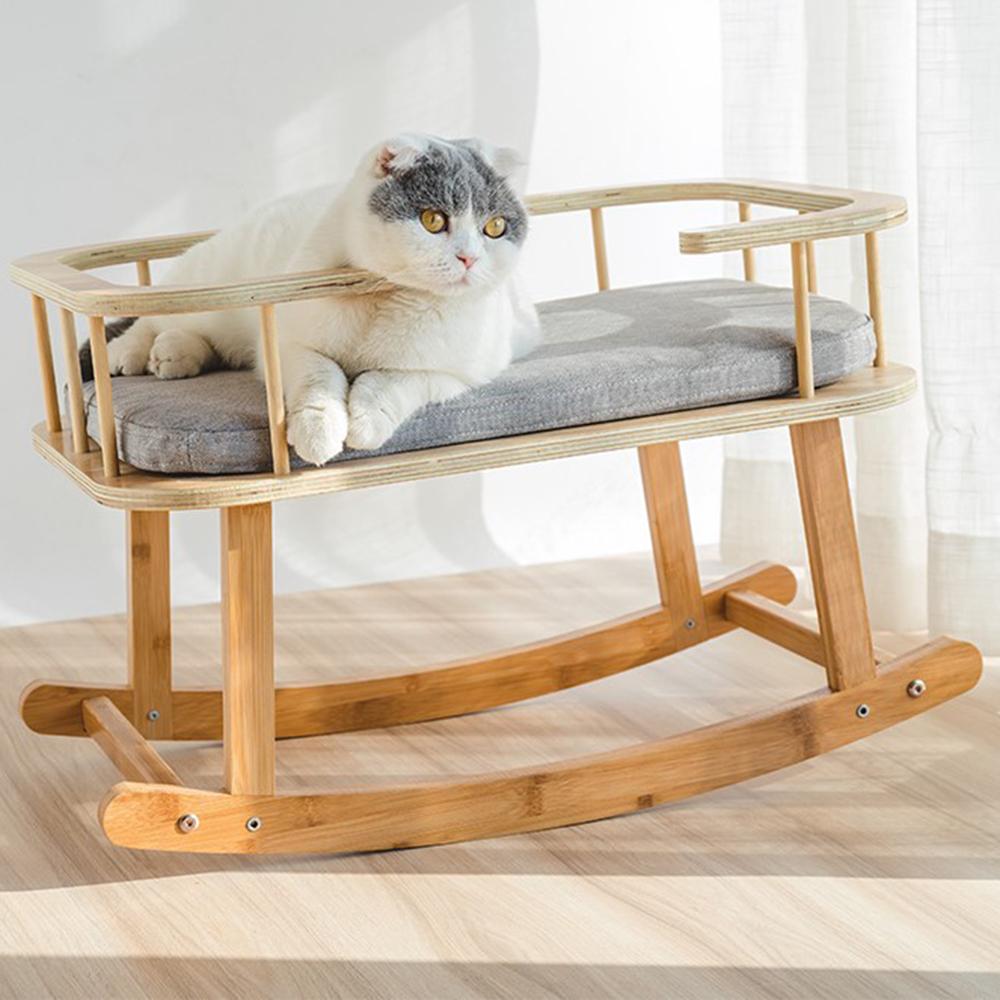 INSTACHEW Rockaby Pet Bed in grey and brown, featuring a soft cushion and bamboo wooden frame, designed for small to medium pets.