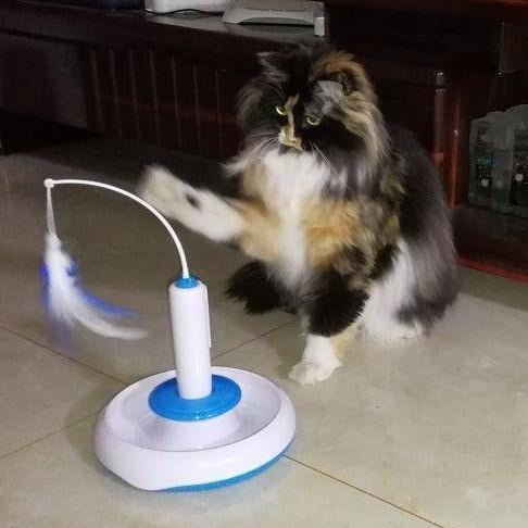 Interactive 360 Feather Teaser toy with rotating feather wand and ball track for cats, designed for engaging playtime.