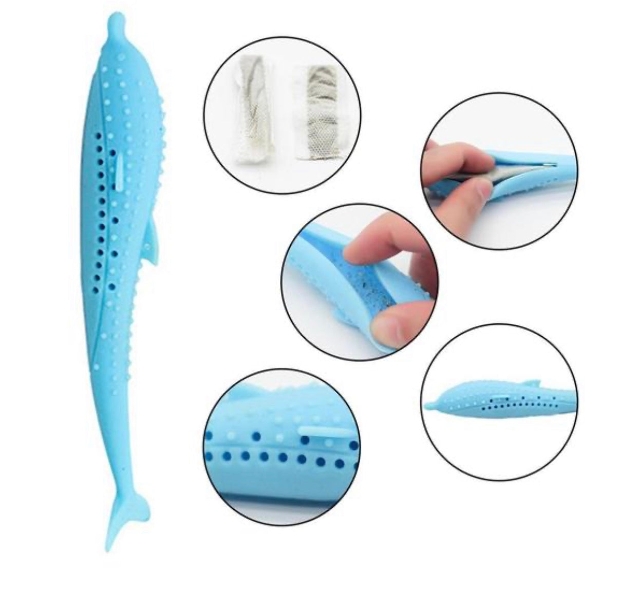 Interactive Cat Toothbrush with soft silicone nubs designed for cleaning cat's teeth and massaging gums, featuring a catnip pod for attraction.