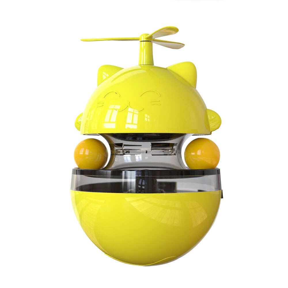 Interactive Cat Toy with rotating propeller and adjustable food dispenser, designed for playful engagement and healthy eating.